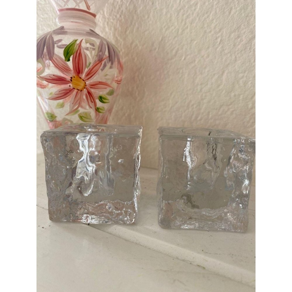 Set Of 2 “ice cube” recycled glass candle holders